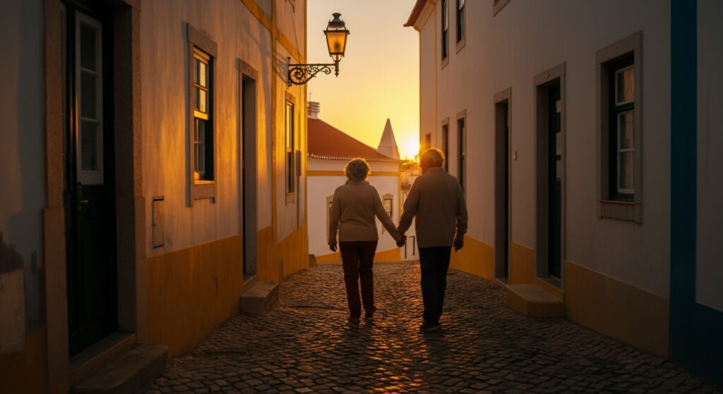 Couple moving to Algarve. Walking hand-in-hand in Salema. Cobblestone streets lined with white buildings warm golden light, happy mood, and traditional architecture.
